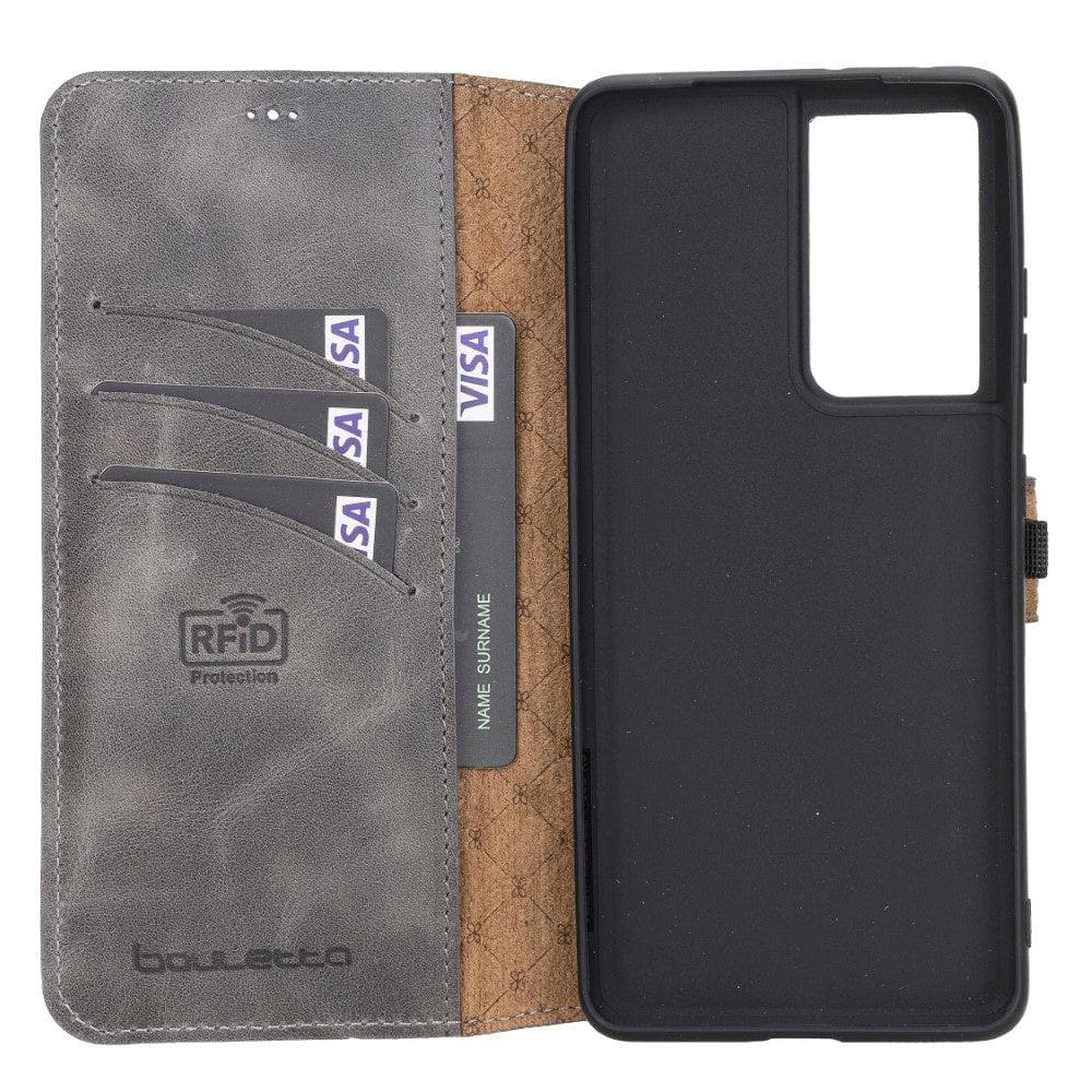 Non-Detachable Leather Wallet Case for Samsung Galaxy S21 Series, showcasing genuine leather, RFID protection, and card holder compartments.