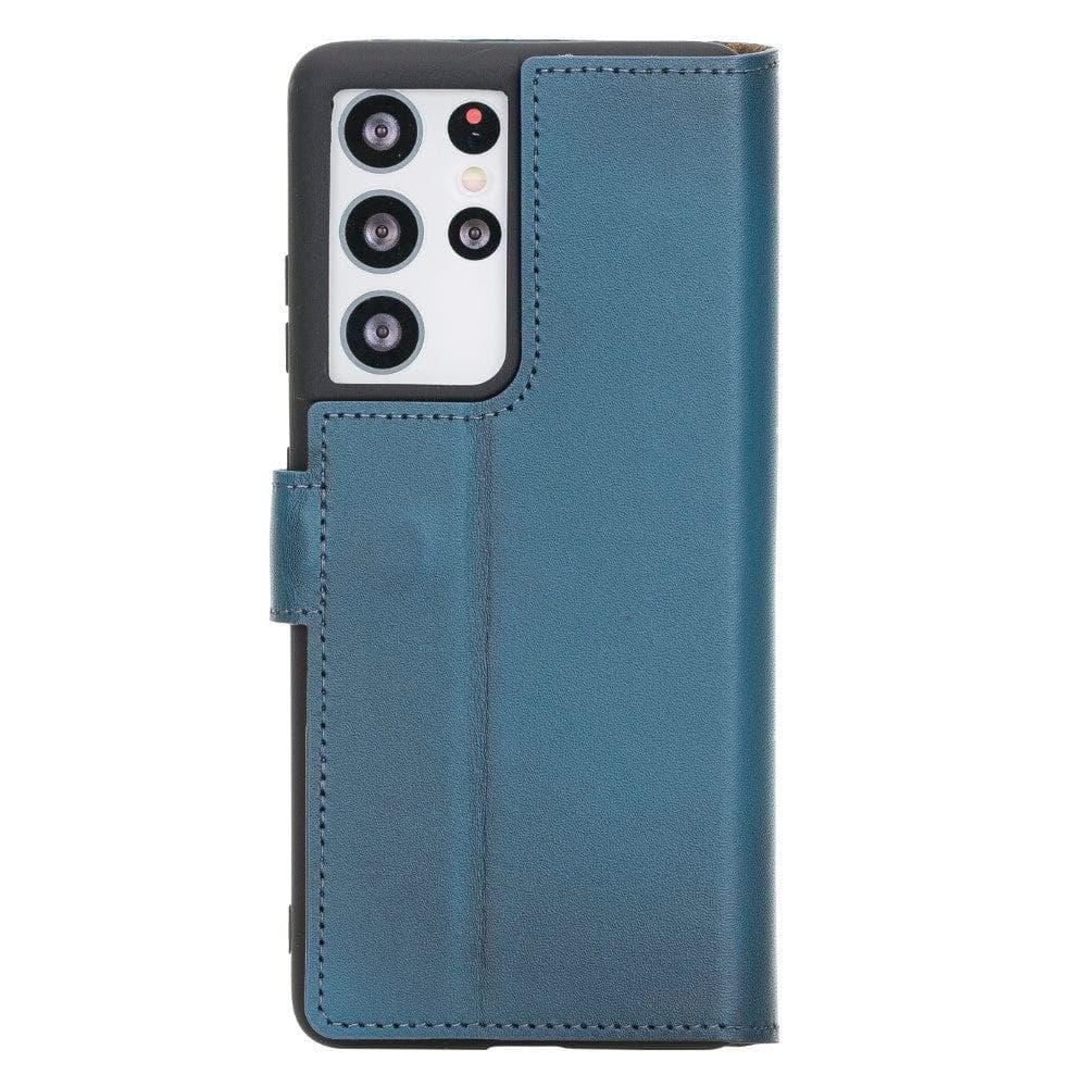 Non-Detachable Leather Wallet Case for Samsung Galaxy S21 Series, showcasing genuine leather, RFID protection, and card holder compartments.