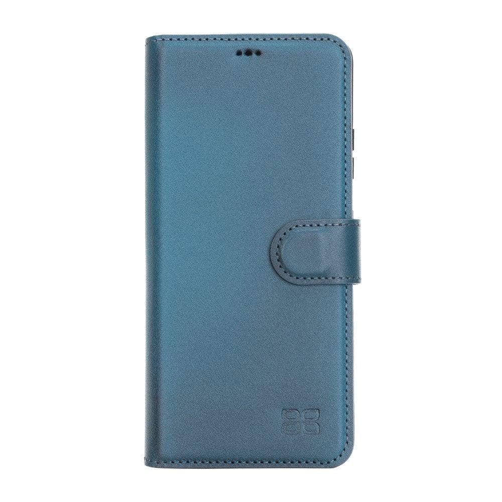 Non-Detachable Leather Wallet Case for Samsung Galaxy S21 Series, showcasing genuine leather, RFID protection, and card holder compartments.