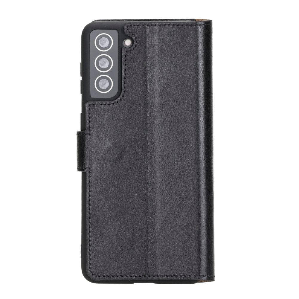 Non-Detachable Leather Wallet Case for Samsung Galaxy S21 Series, showcasing genuine leather, RFID protection, and card holder compartments.