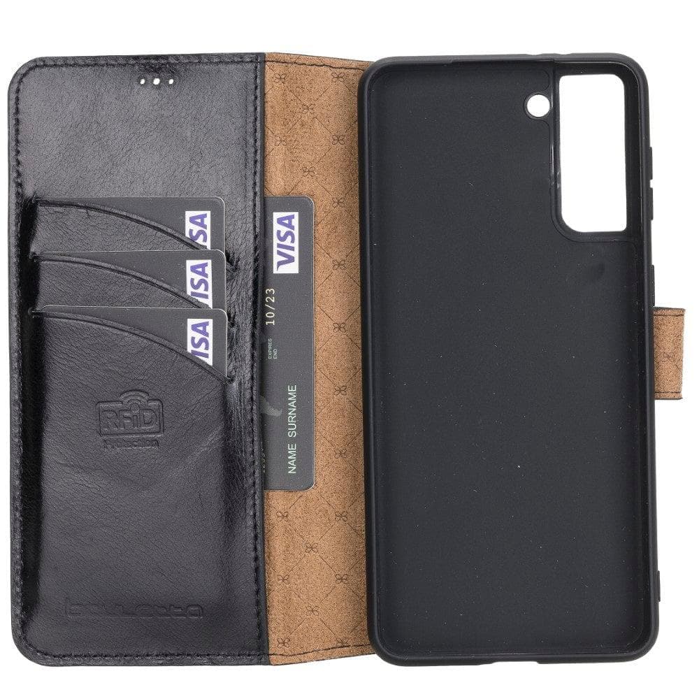 Non-Detachable Leather Wallet Case for Samsung Galaxy S21 Series, showcasing genuine leather, RFID protection, and card holder compartments.