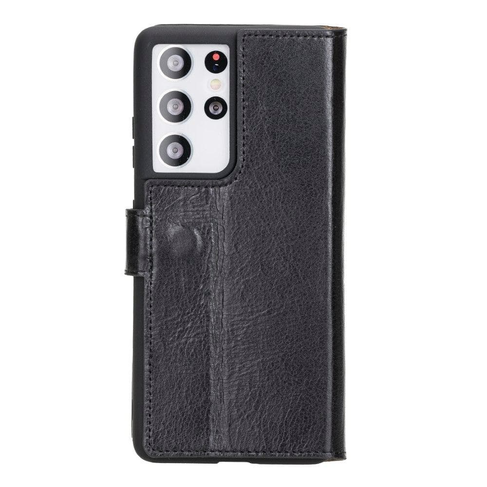 Non-Detachable Leather Wallet Case for Samsung Galaxy S21 Series, showcasing genuine leather, RFID protection, and card holder compartments.