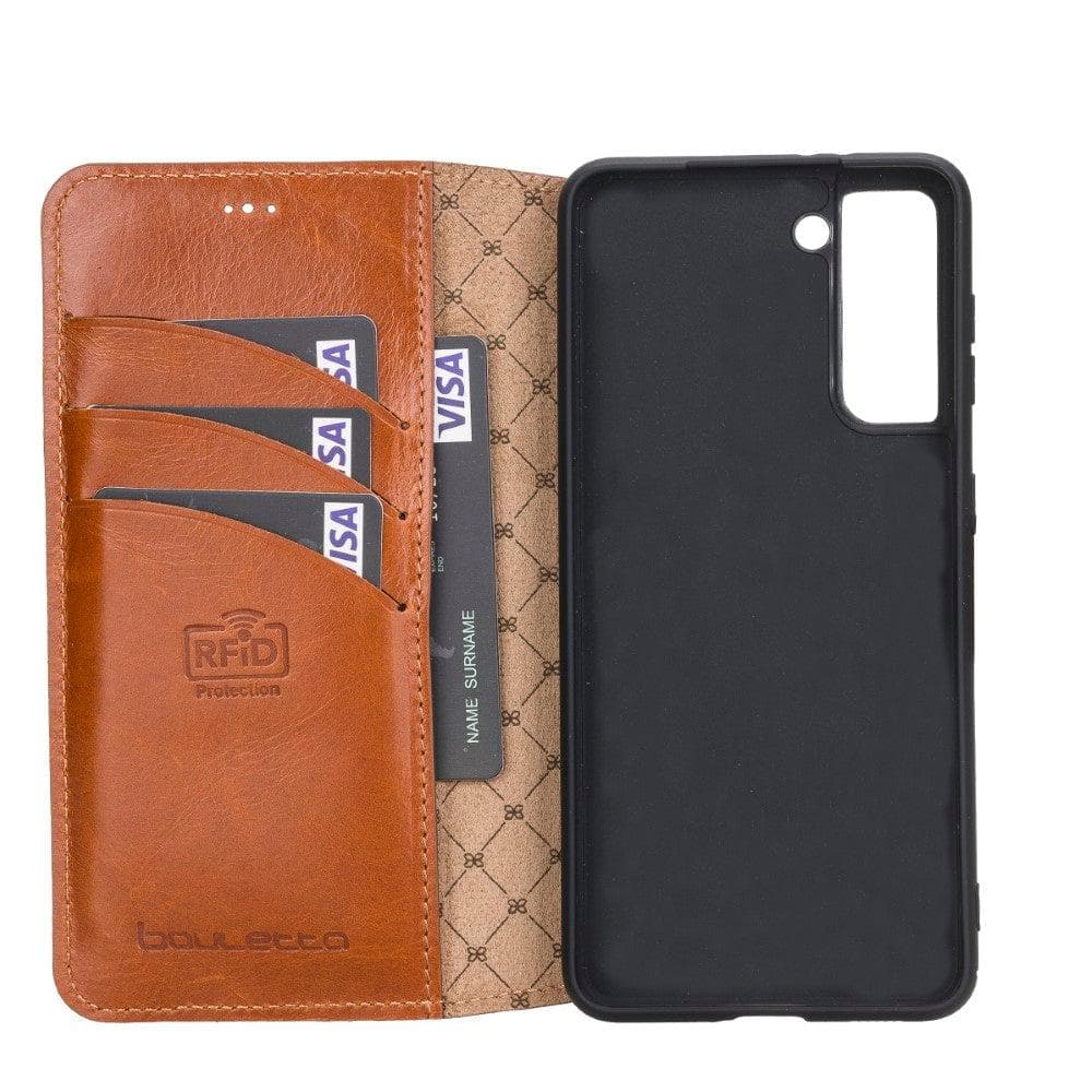 Non-Detachable Leather Wallet Case for Samsung Galaxy S21 Series, showcasing genuine leather, RFID protection, and card holder compartments.