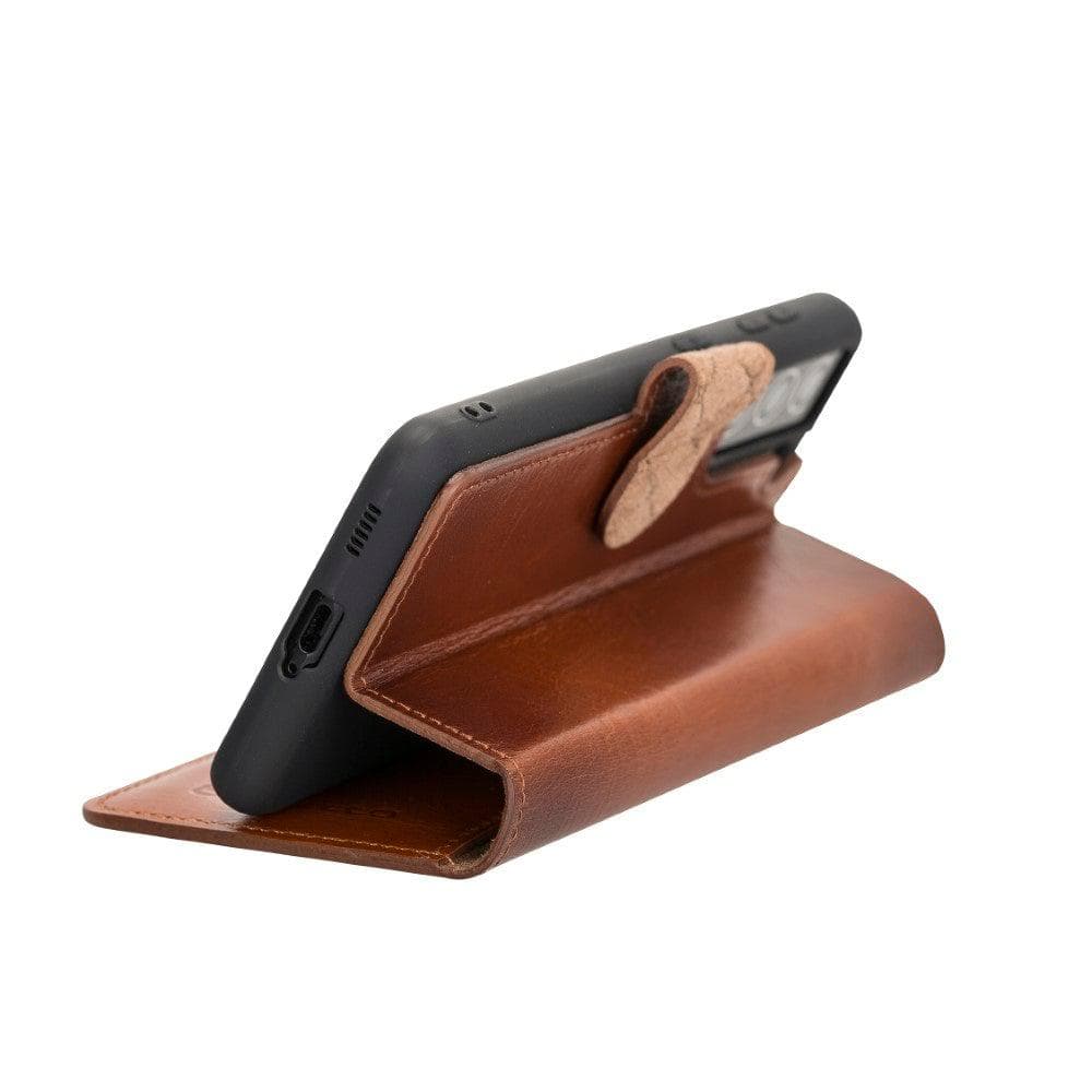 Non-Detachable Leather Wallet Case for Samsung Galaxy S21 Series, showcasing genuine leather, RFID protection, and card holder compartments.