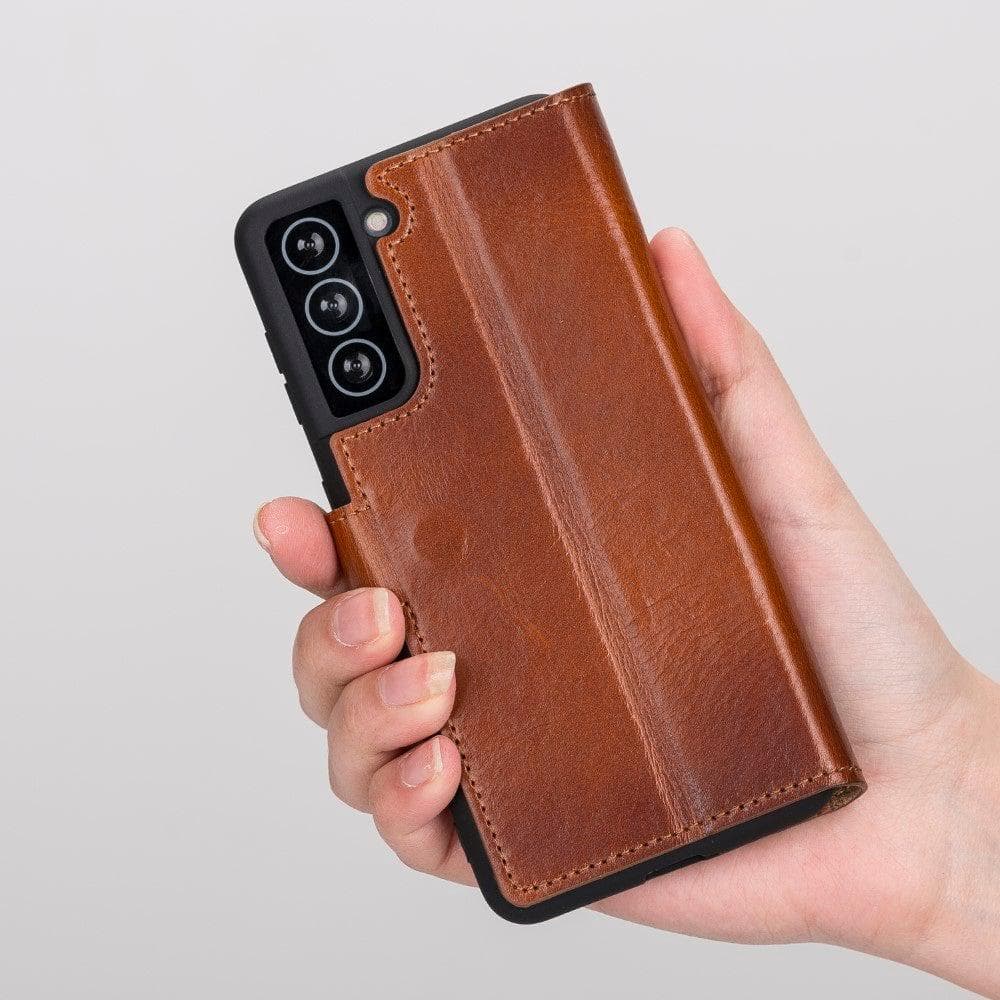 Non-Detachable Leather Wallet Case for Samsung Galaxy S21 Series, showcasing genuine leather, RFID protection, and card holder compartments.