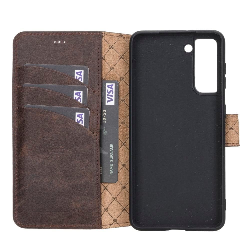 Non-Detachable Leather Wallet Case for Samsung Galaxy S21 Series, showcasing genuine leather, RFID protection, and card holder compartments.