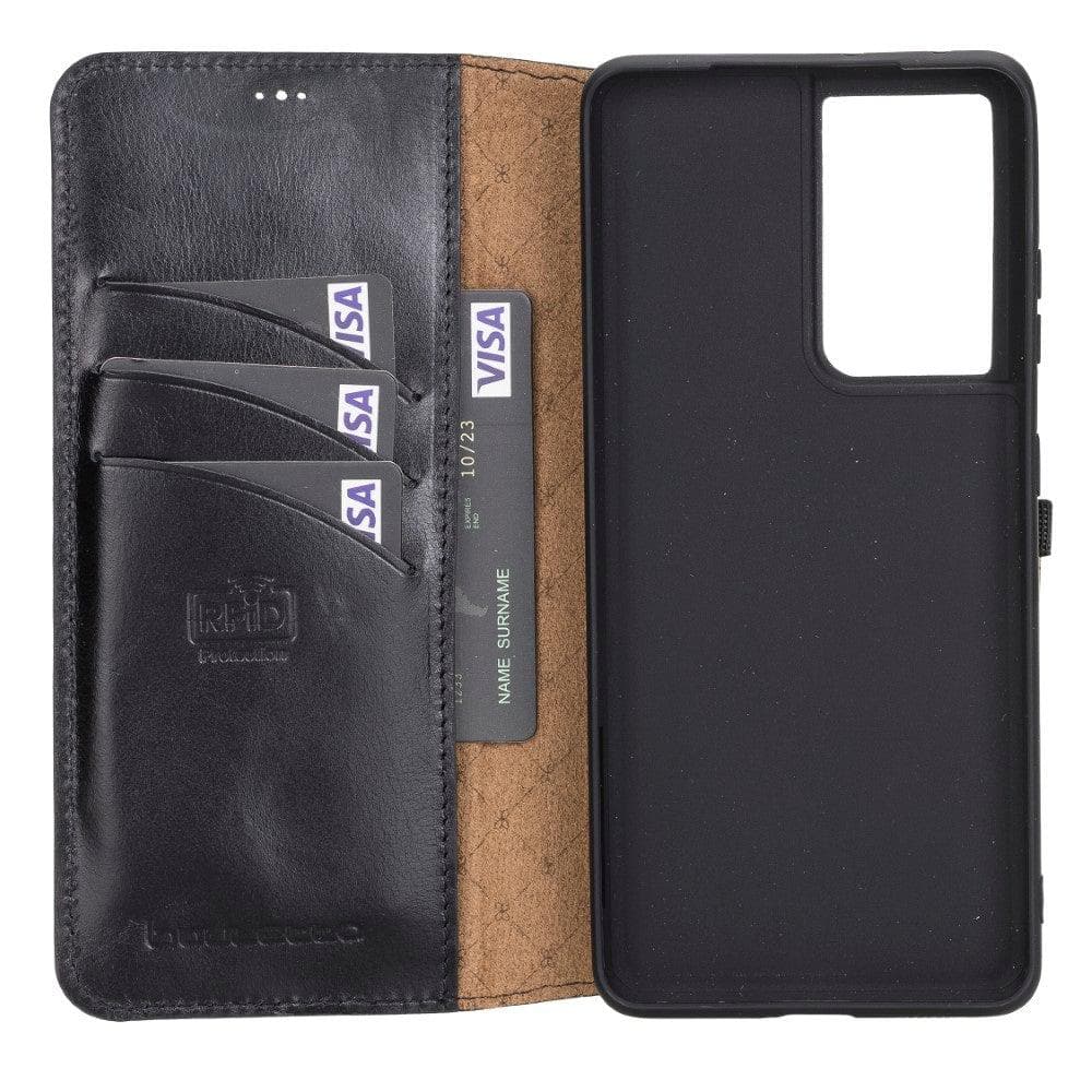 Non-Detachable Leather Wallet Case for Samsung Galaxy S21 Series, showcasing genuine leather, RFID protection, and card holder compartments.