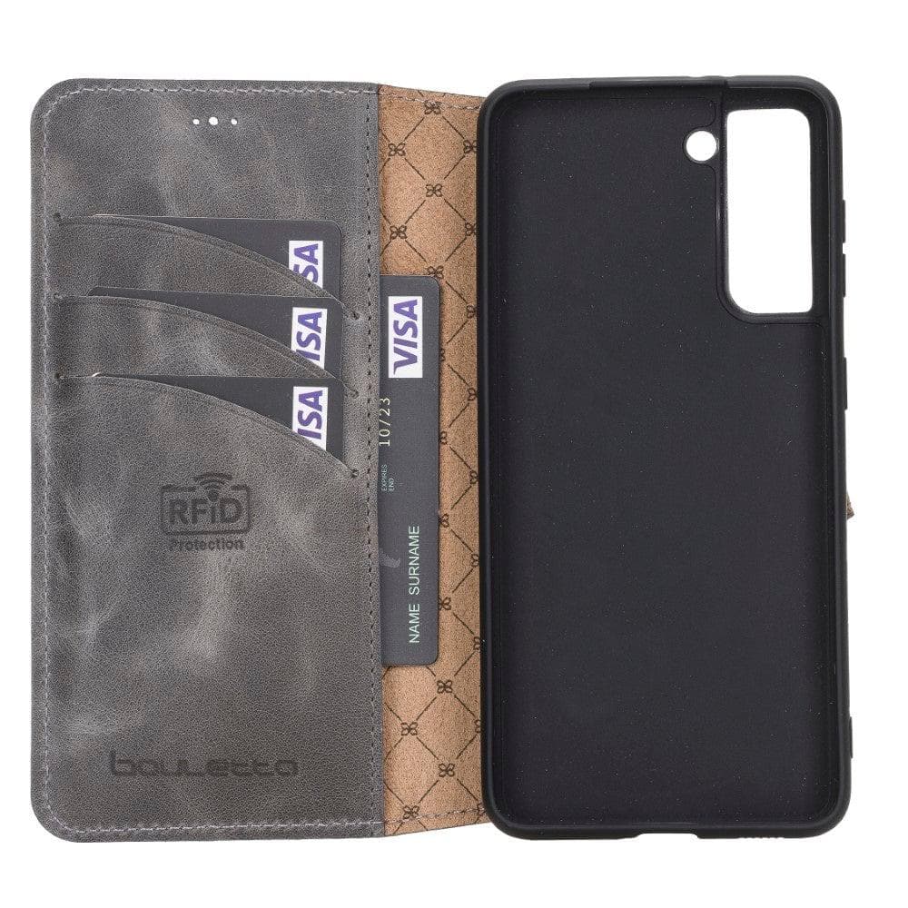 Non-Detachable Leather Wallet Case for Samsung Galaxy S21 Series, showcasing genuine leather, RFID protection, and card holder compartments.