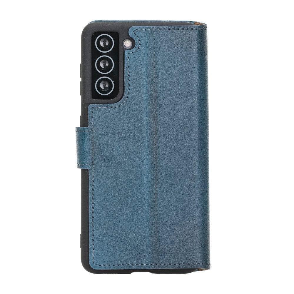 Non-Detachable Leather Wallet Case for Samsung Galaxy S21 Series, showcasing genuine leather, RFID protection, and card holder compartments.