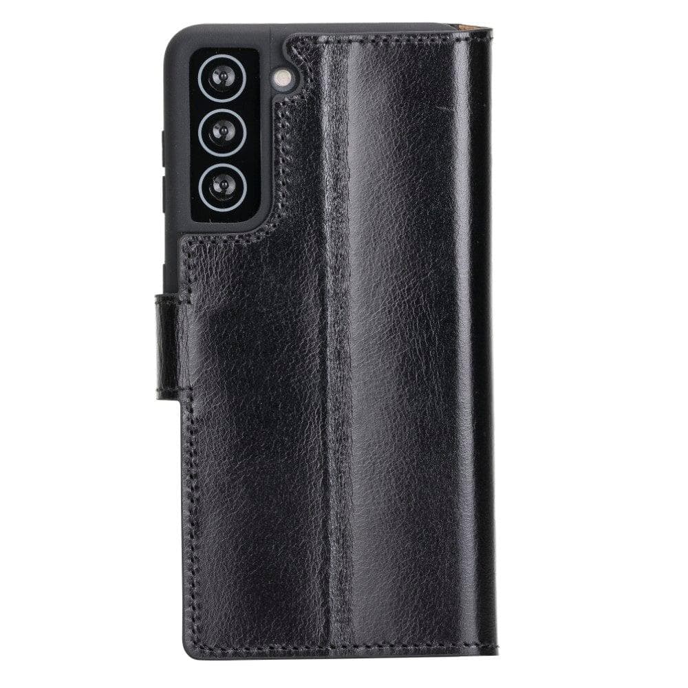 Non-Detachable Leather Wallet Case for Samsung Galaxy S21 Series, showcasing genuine leather, RFID protection, and card holder compartments.