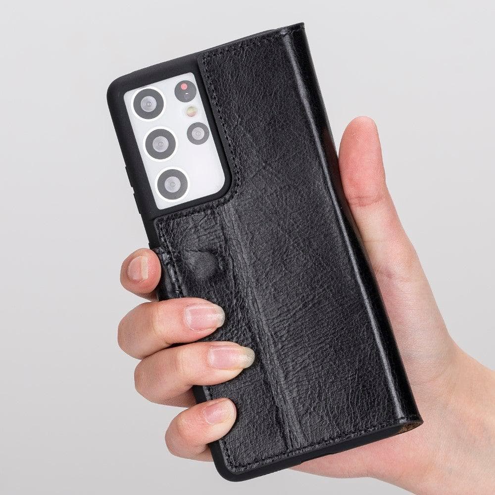 Non-Detachable Leather Wallet Case for Samsung Galaxy S21 Series, showcasing genuine leather, RFID protection, and card holder compartments.