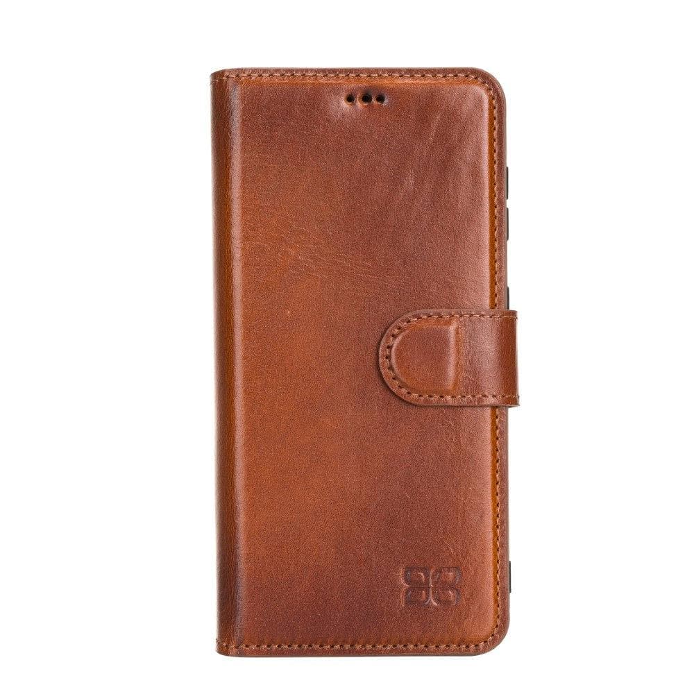 Non-Detachable Leather Wallet Case for Samsung Galaxy S21 Series, showcasing genuine leather, RFID protection, and card holder compartments.