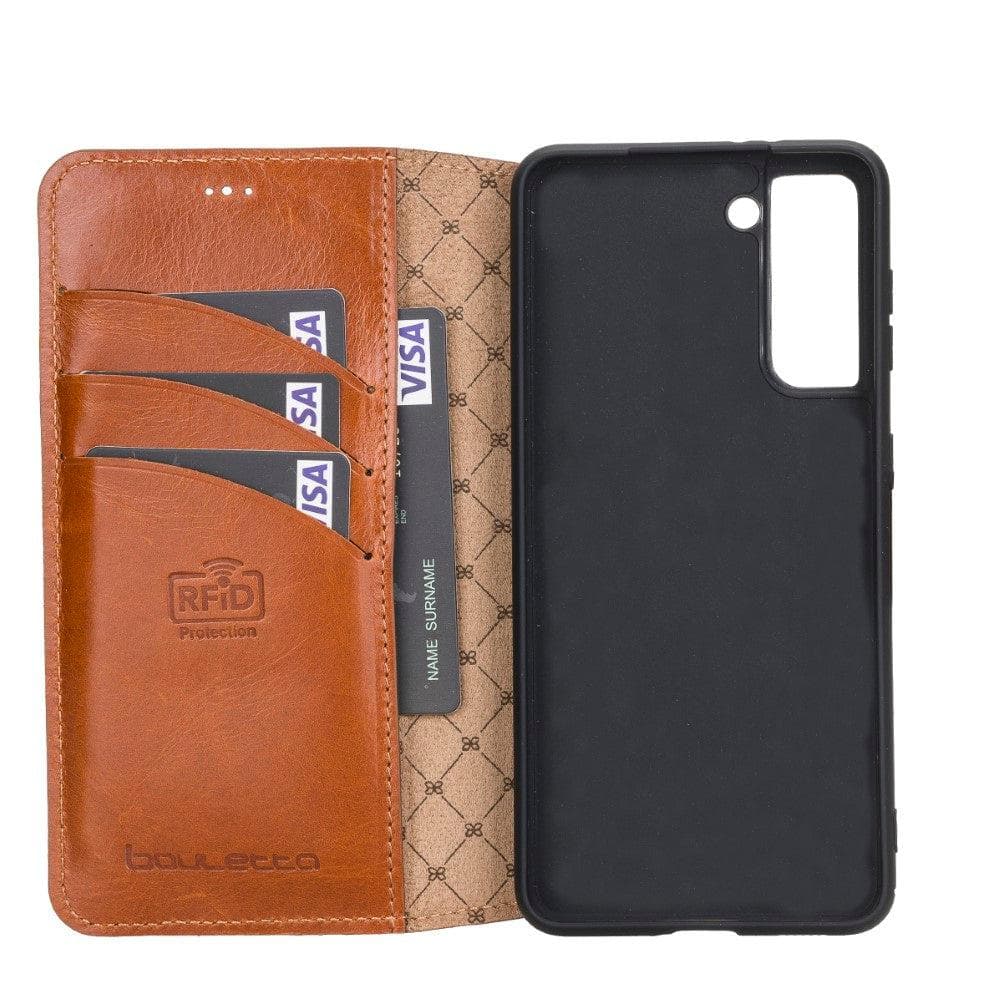 Non-Detachable Leather Wallet Case for Samsung Galaxy S21 Series, showcasing genuine leather, RFID protection, and card holder compartments.