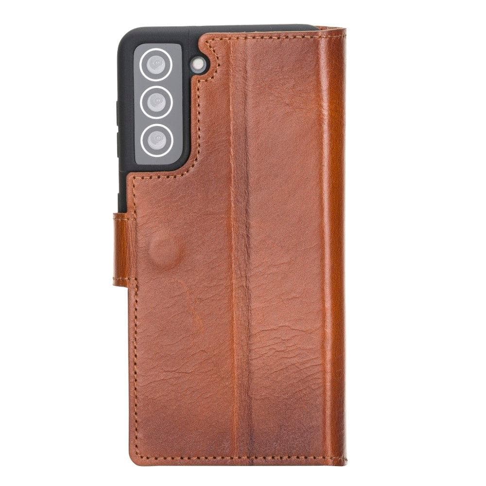 Non-Detachable Leather Wallet Case for Samsung Galaxy S21 Series, showcasing genuine leather, RFID protection, and card holder compartments.