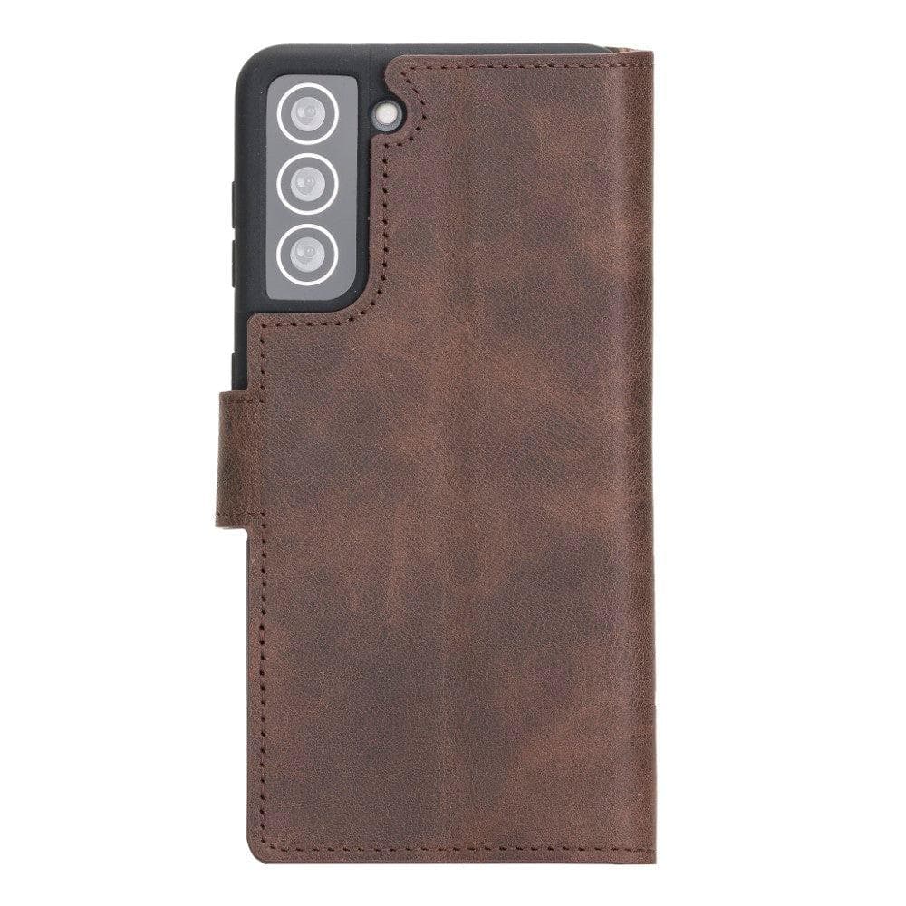 Non-Detachable Leather Wallet Case for Samsung Galaxy S21 Series, showcasing genuine leather, RFID protection, and card holder compartments.