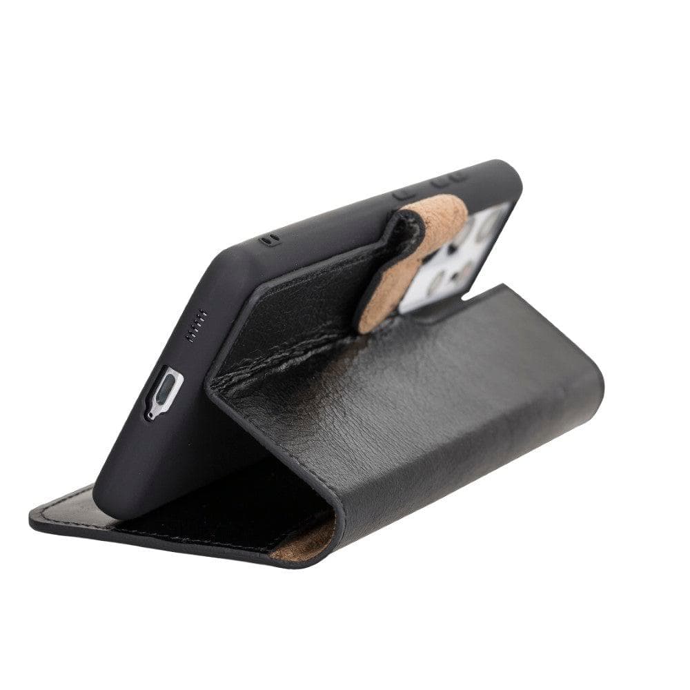 Non-Detachable Leather Wallet Case for Samsung Galaxy S21 Series, showcasing genuine leather, RFID protection, and card holder compartments.