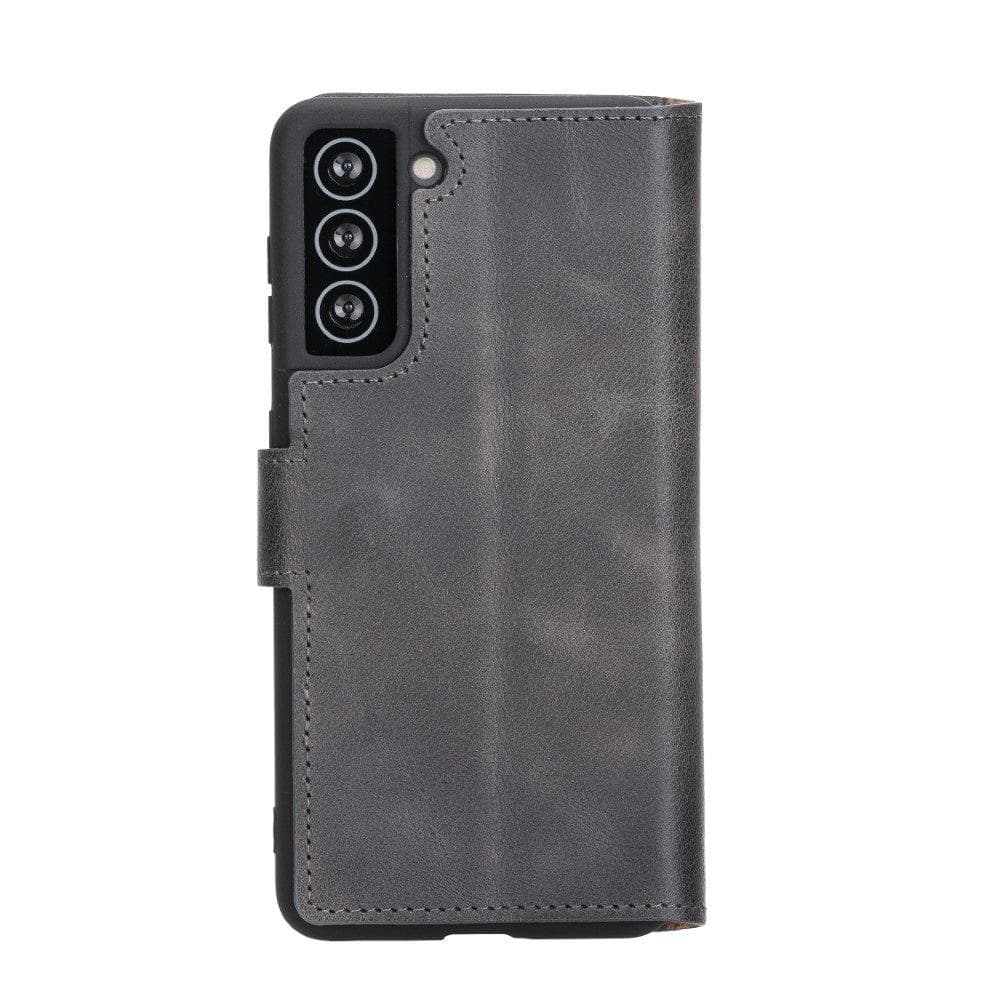 Non-Detachable Leather Wallet Case for Samsung Galaxy S21 Series, showcasing genuine leather, RFID protection, and card holder compartments.