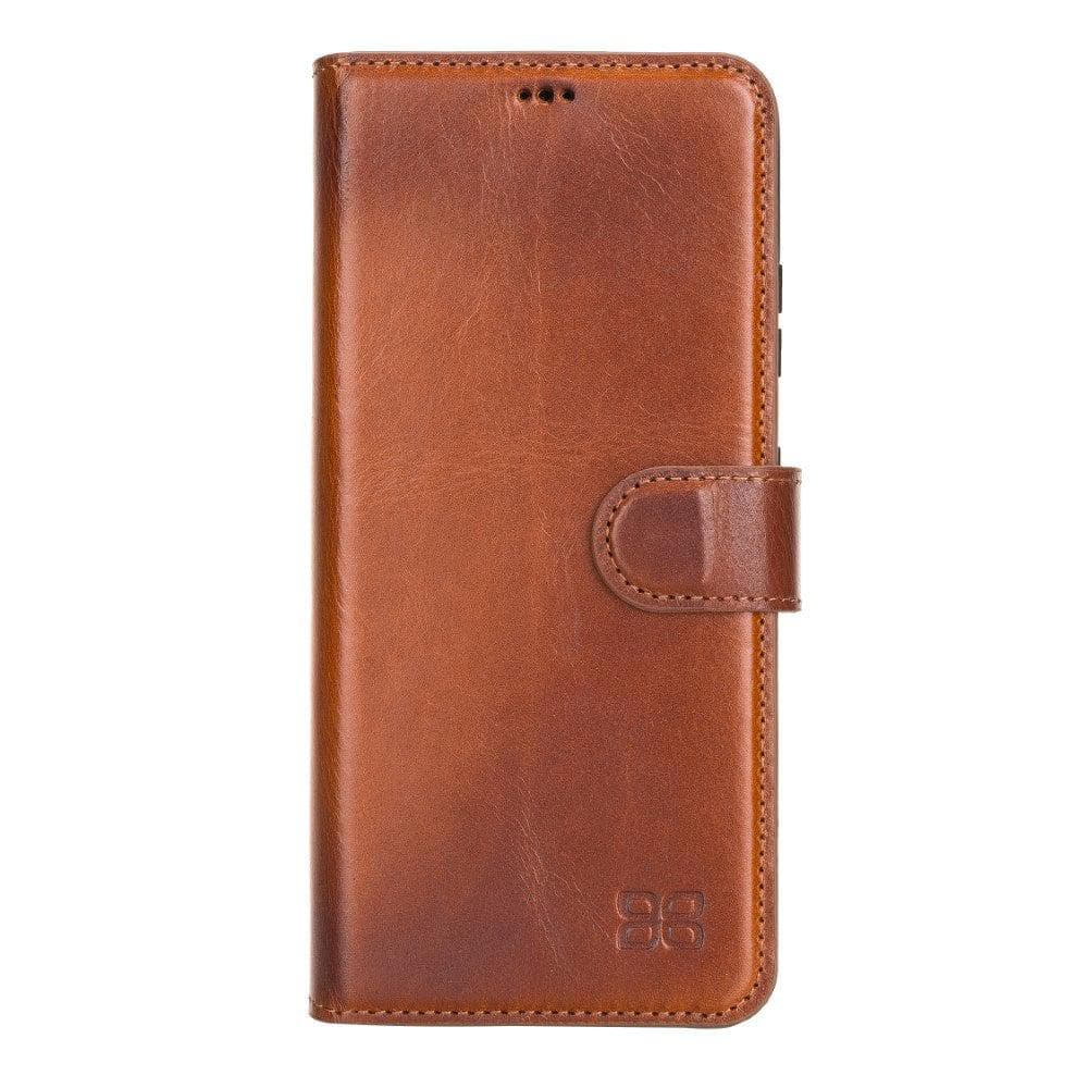 Non-Detachable Leather Wallet Case for Samsung Galaxy S21 Series, showcasing genuine leather, RFID protection, and card holder compartments.