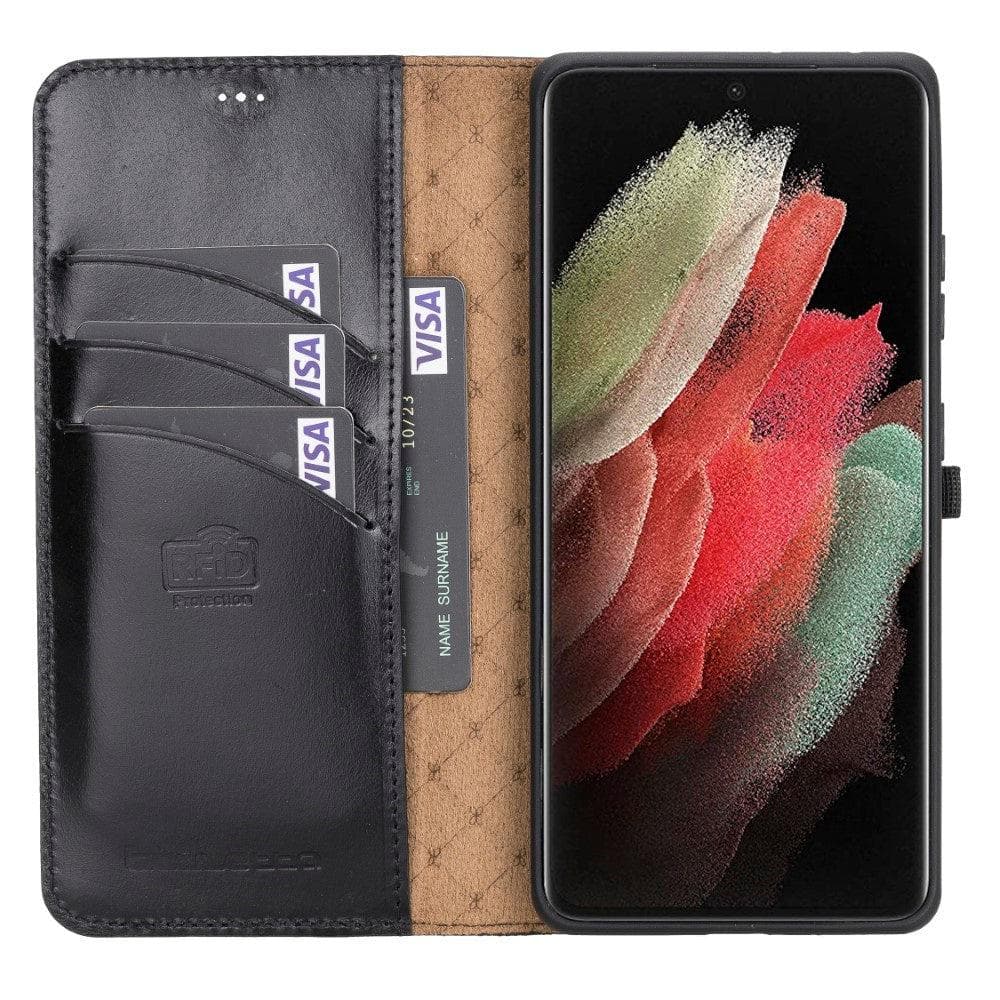 Non-Detachable Leather Wallet Case for Samsung Galaxy S21 Series, showcasing genuine leather, RFID protection, and card holder compartments.