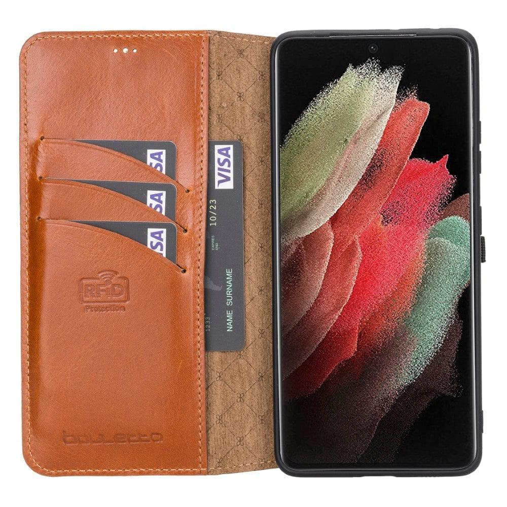 Non-Detachable Leather Wallet Case for Samsung Galaxy S21 Series, showcasing genuine leather, RFID protection, and card holder compartments.