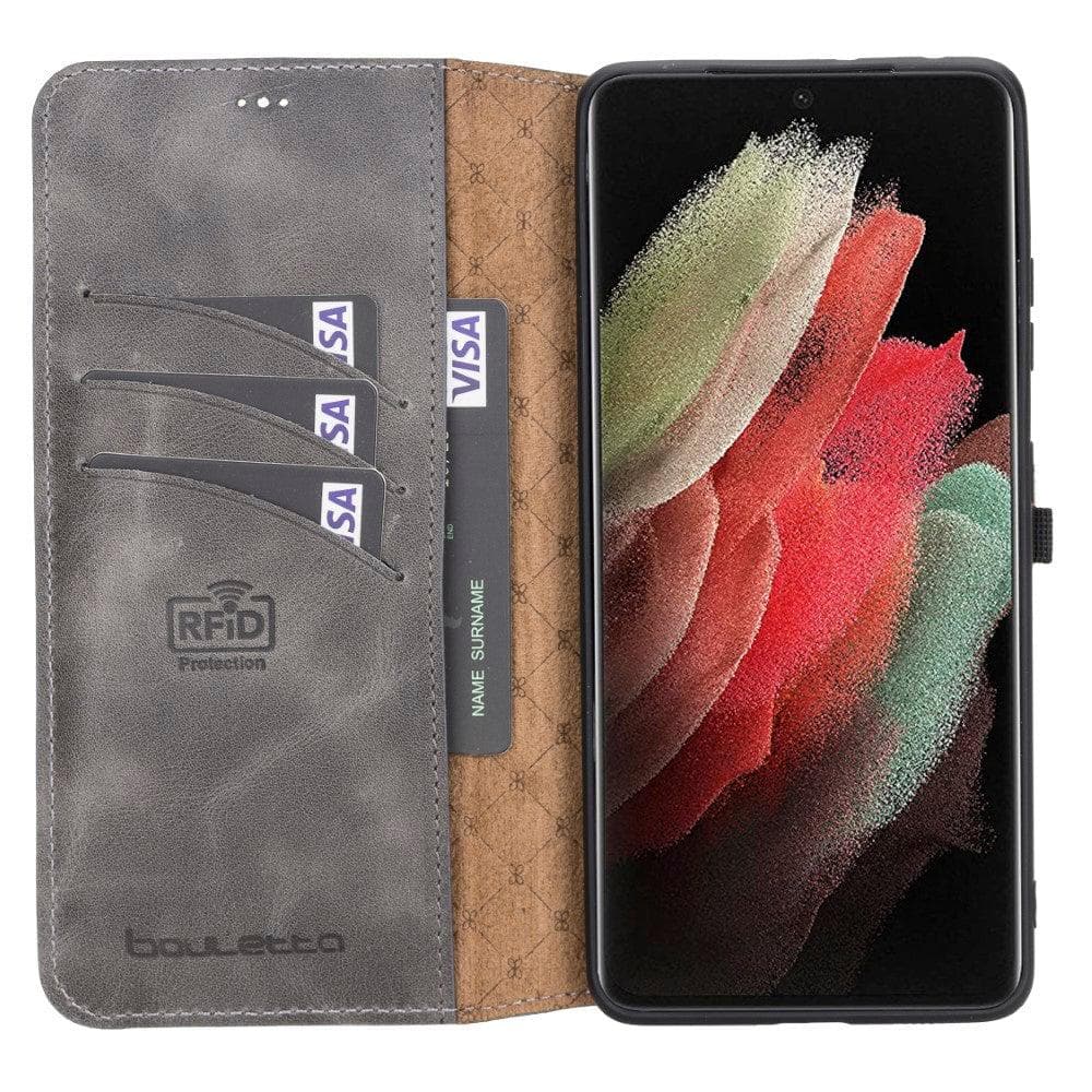 Non-Detachable Leather Wallet Case for Samsung Galaxy S21 Series, showcasing genuine leather, RFID protection, and card holder compartments.