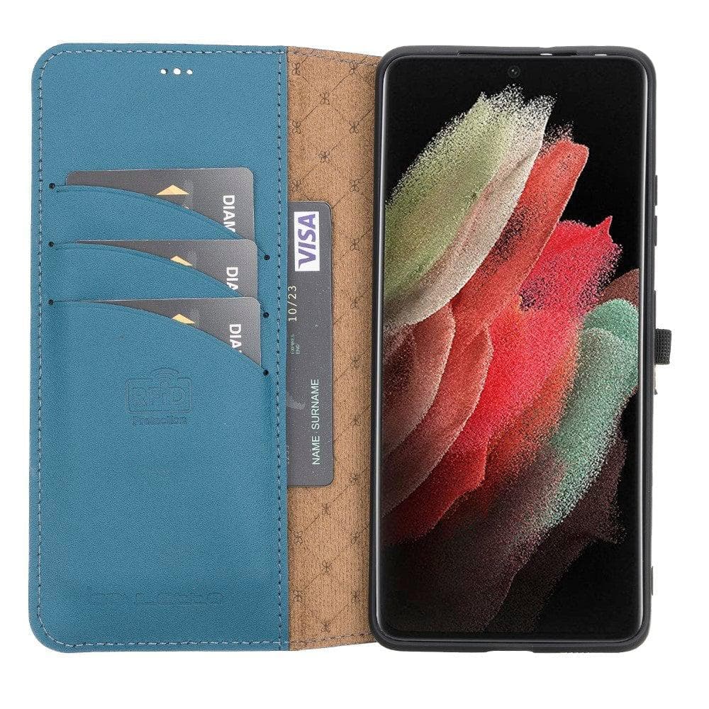 Non-Detachable Leather Wallet Case for Samsung Galaxy S21 Series, showcasing genuine leather, RFID protection, and card holder compartments.