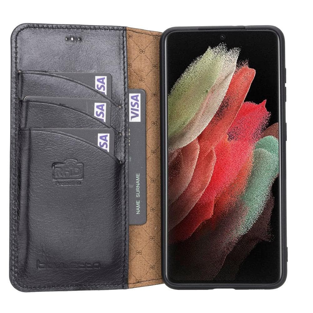 Non-Detachable Leather Wallet Case for Samsung Galaxy S21 Series, showcasing genuine leather, RFID protection, and card holder compartments.