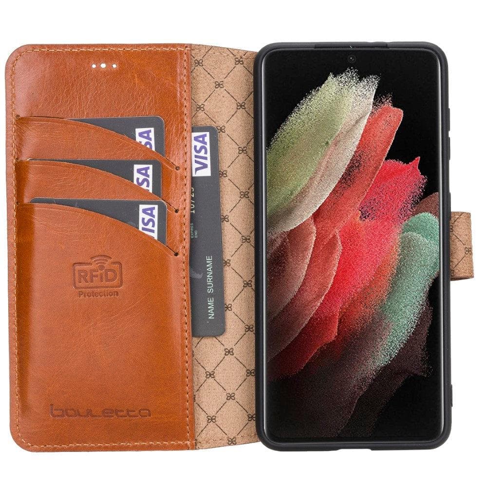 Non-Detachable Leather Wallet Case for Samsung Galaxy S21 Series, showcasing genuine leather, RFID protection, and card holder compartments.