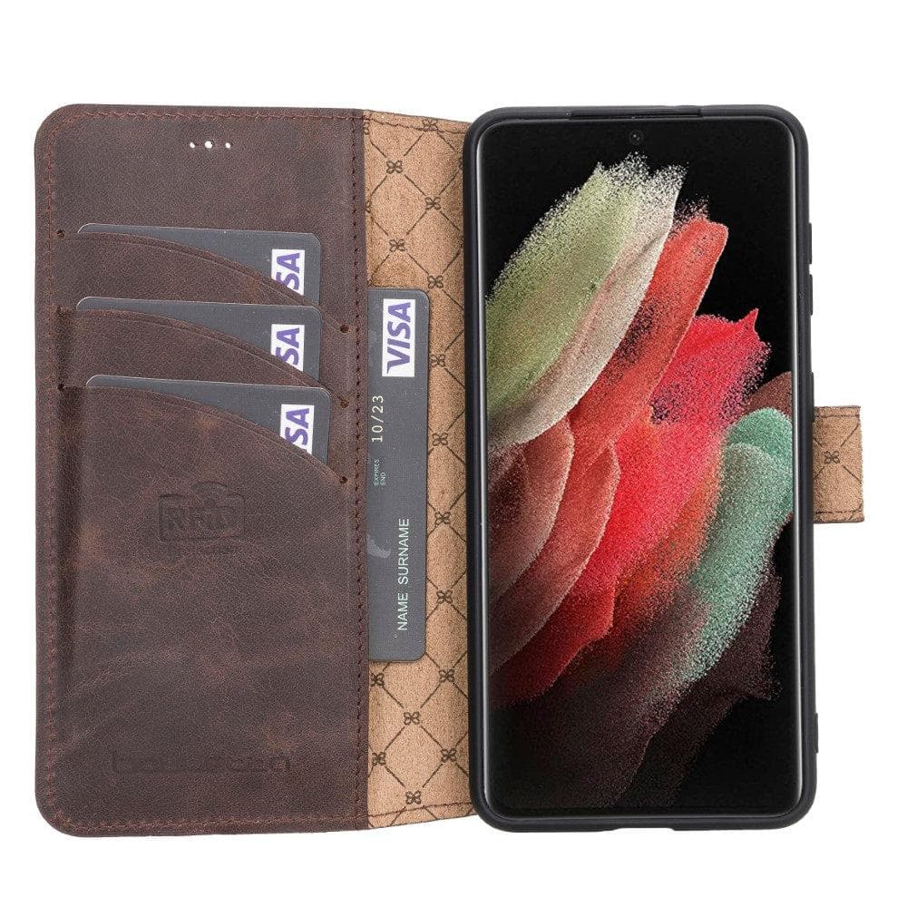 Non-Detachable Leather Wallet Case for Samsung Galaxy S21 Series, showcasing genuine leather, RFID protection, and card holder compartments.