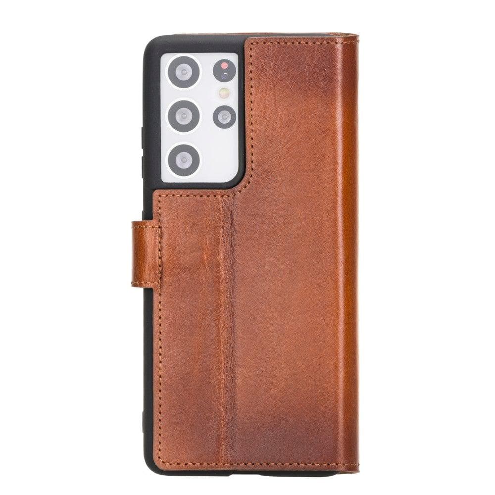 Non-Detachable Leather Wallet Case for Samsung Galaxy S21 Series, showcasing genuine leather, RFID protection, and card holder compartments.