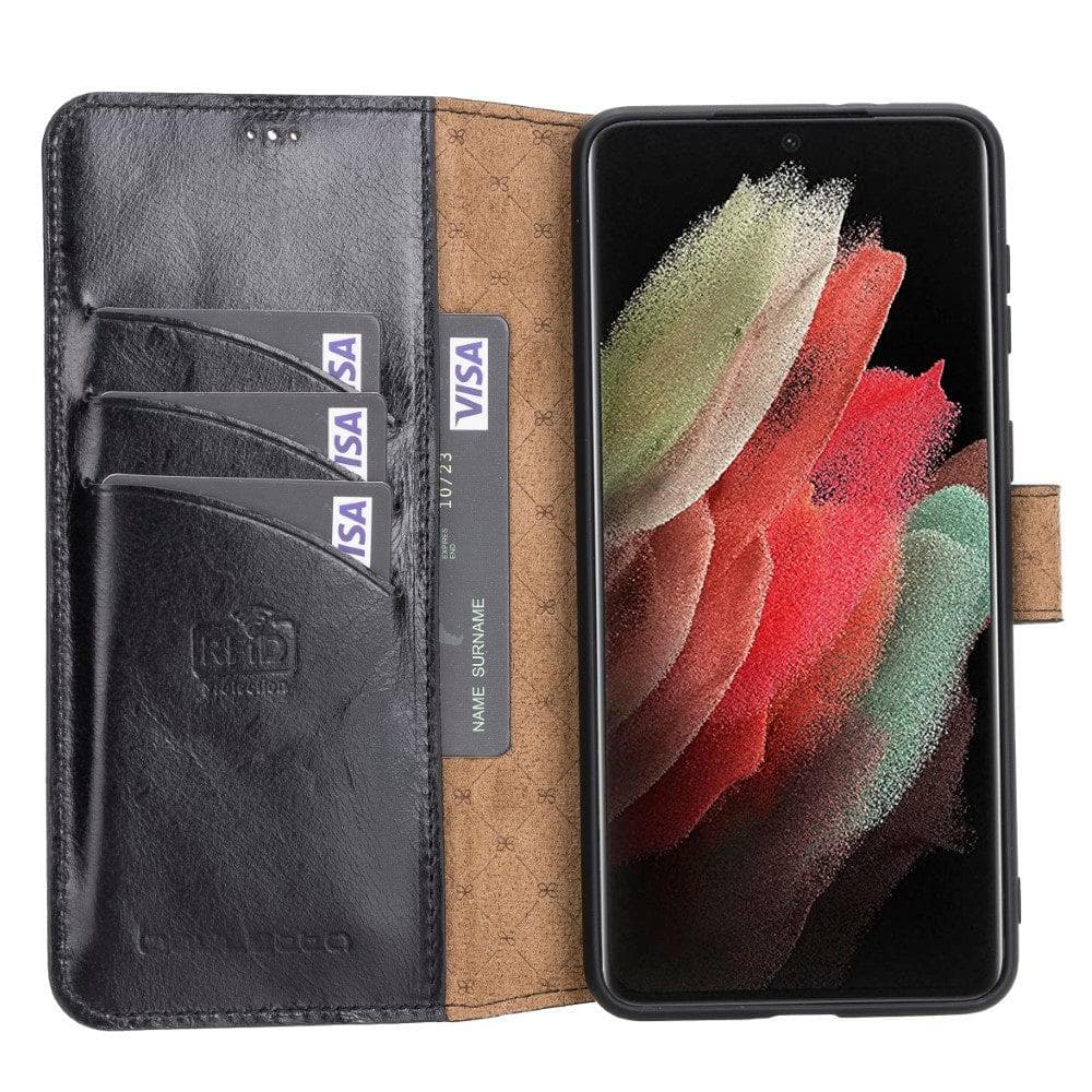 Non-Detachable Leather Wallet Case for Samsung Galaxy S21 Series, showcasing genuine leather, RFID protection, and card holder compartments.