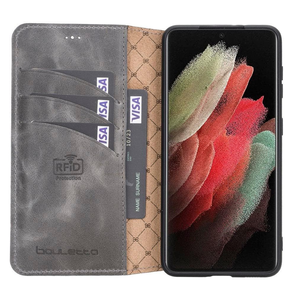 Non-Detachable Leather Wallet Case for Samsung Galaxy S21 Series, showcasing genuine leather, RFID protection, and card holder compartments.