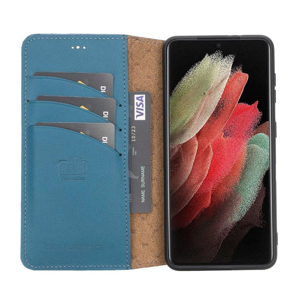 Non-Detachable Leather Wallet Case for Samsung Galaxy S21 Series, showcasing genuine leather, RFID protection, and card holder compartments.