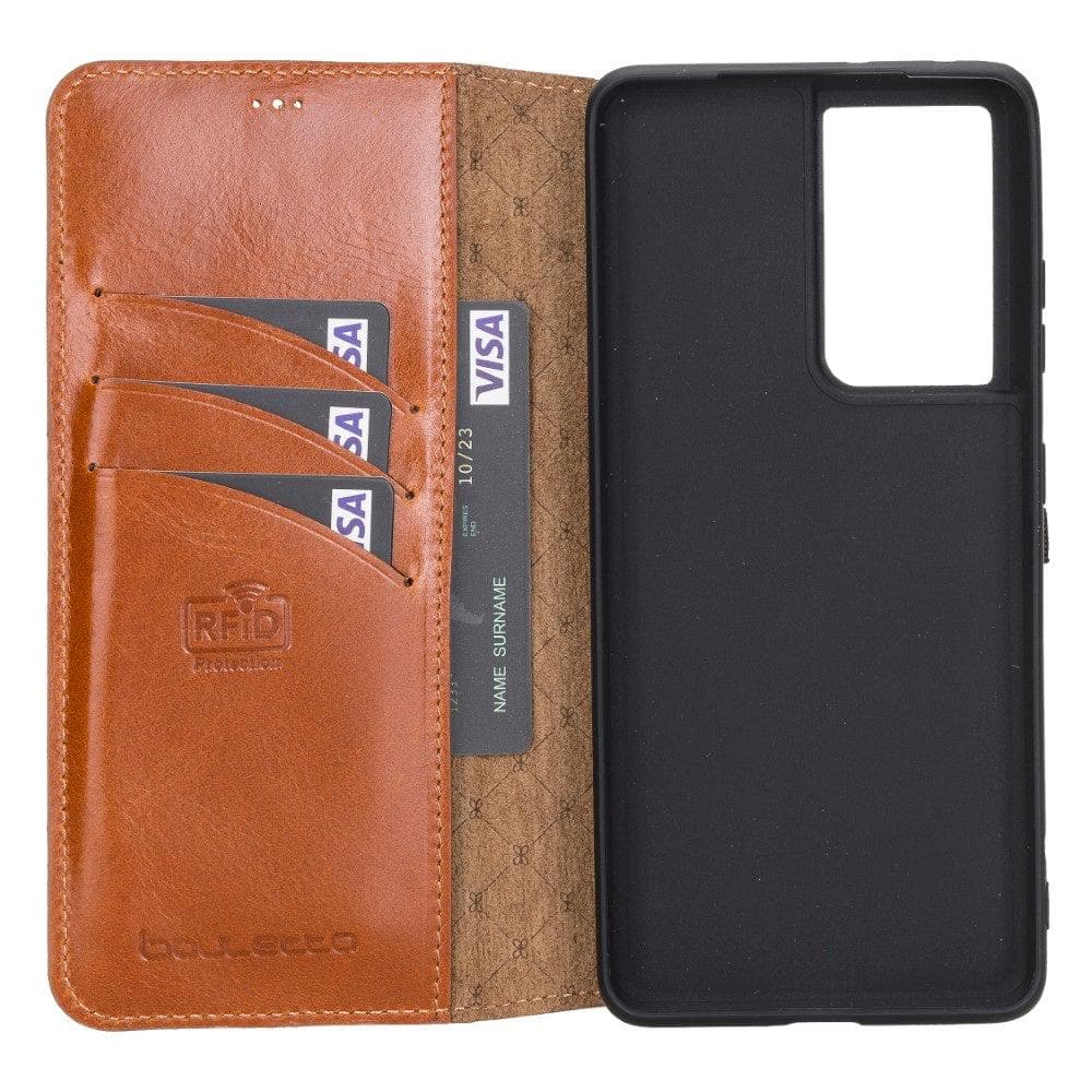 Non-Detachable Leather Wallet Case for Samsung Galaxy S21 Series, showcasing genuine leather, RFID protection, and card holder compartments.