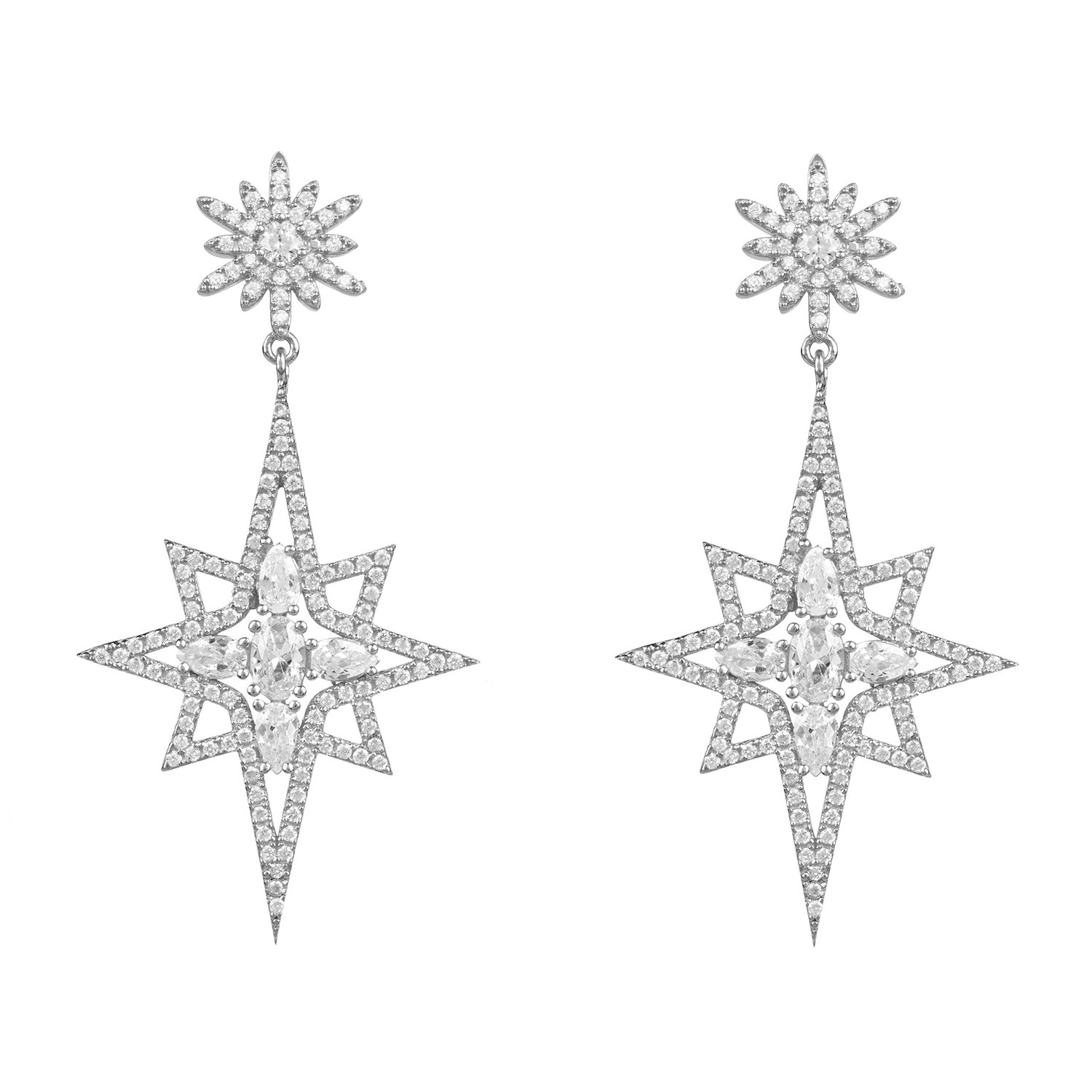 Northern Star Burst Drop Earrings in silver, featuring a large star burst design with sparkling cubic zirconia, elegantly hanging from a stud.