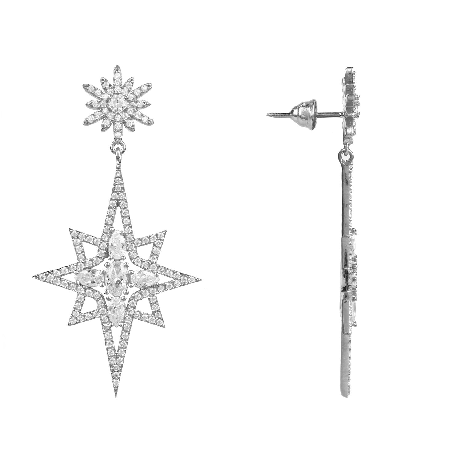 Northern Star Burst Drop Earrings in silver, featuring a large star burst design with sparkling cubic zirconia, elegantly hanging from a stud.