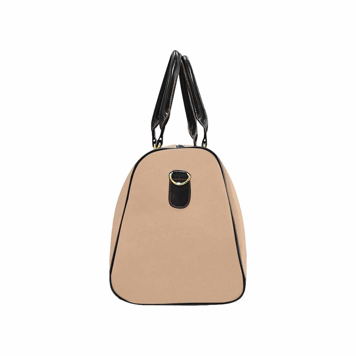 Nude Brown Travel Bag with adjustable strap, showcasing its spacious design and durable waterproof fabric.