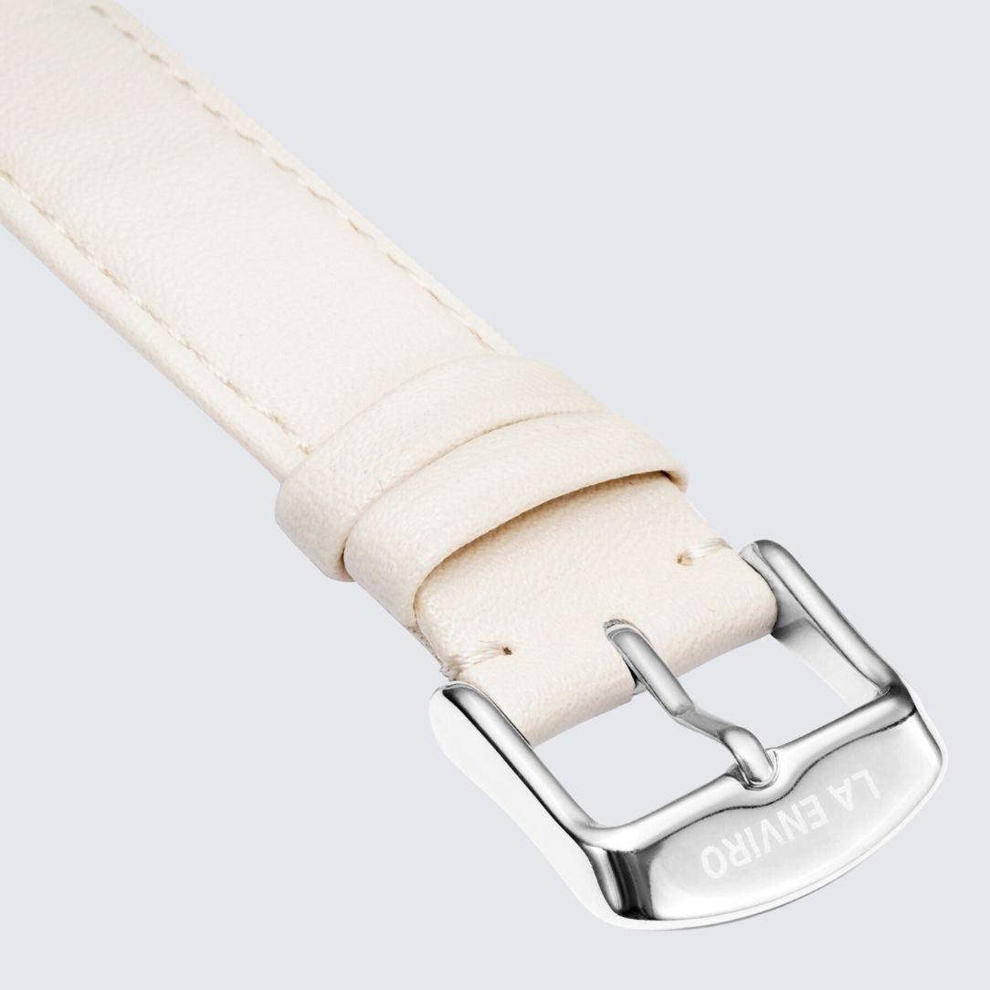 Nude Vegan Leather Watch Strap with stainless steel buckle in rose gold, showcasing its soft texture and quick release pins.