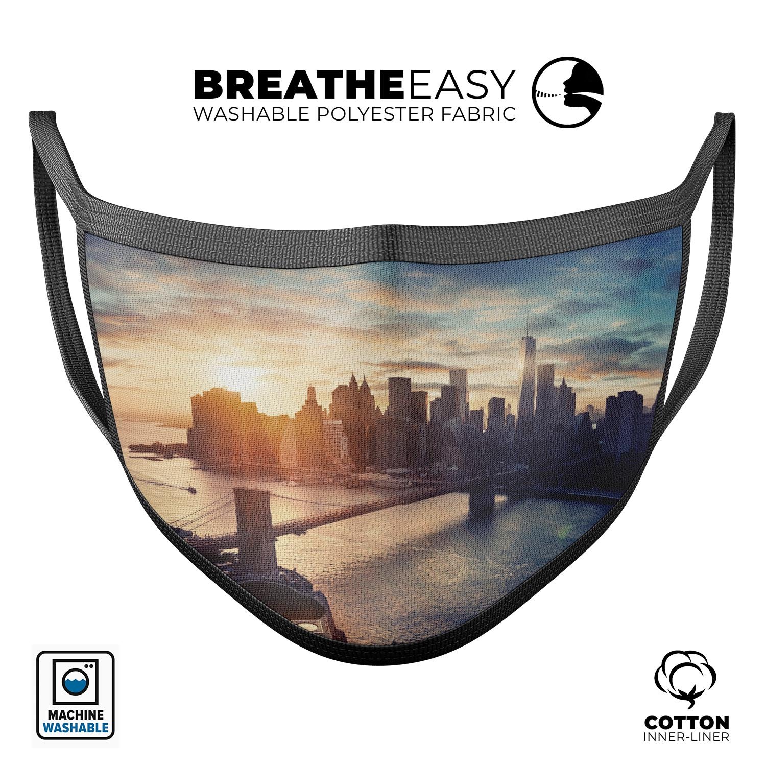 NYC Sunset Eve mouth cover, a unisex anti-dust cotton blend mask featuring vibrant dye-sublimated design, adjustable ear loops, and made in the USA.