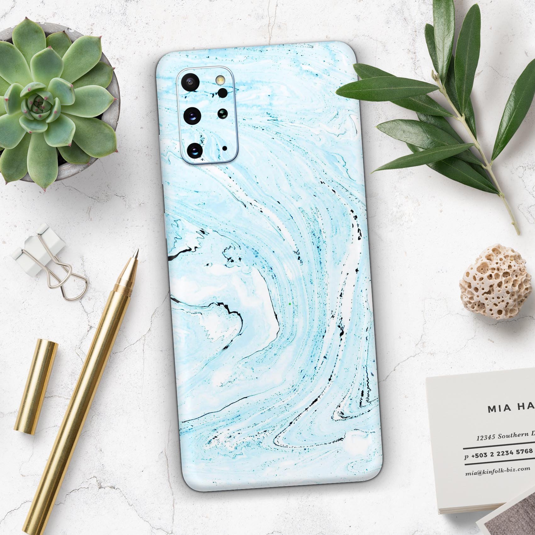 Ocean Blue Textured Marble Skin-Kit for Samsung Galaxy S-Series, showcasing a vibrant blue marble design on a sleek device.