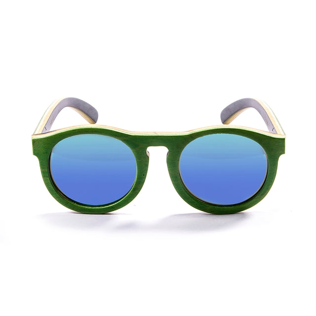 OCEAN GLASSES FIJI 54002.2 featuring a full-rimmed round wooden frame in vibrant green color, suitable for unisex wear.