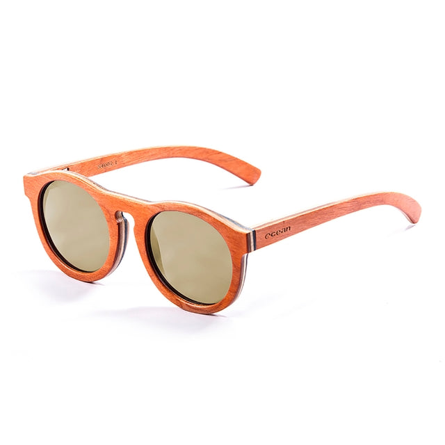 OCEAN GLASSES FIJI 54002.1 round wooden sunglasses in vibrant yellow color, showcasing full-rimmed design.