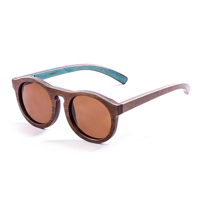 OCEAN GLASSES FIJI 54002.3 round wooden sunglasses in brown color, showcasing a stylish full-rimmed design.