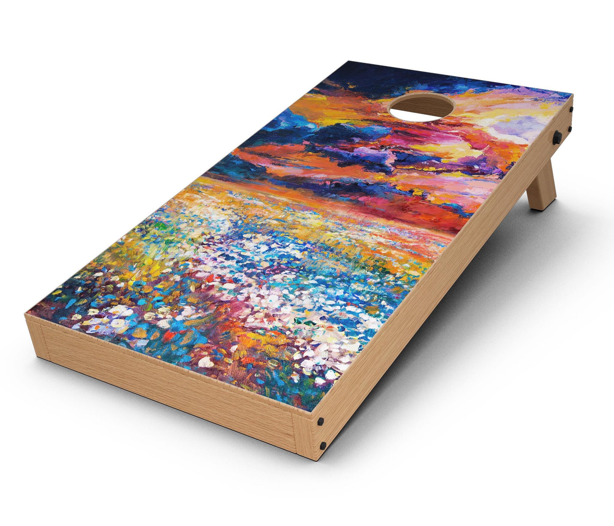 Oil Painted Meadow CornHole Board Skin Decal Kit showcasing vibrant floral design on premium vinyl.