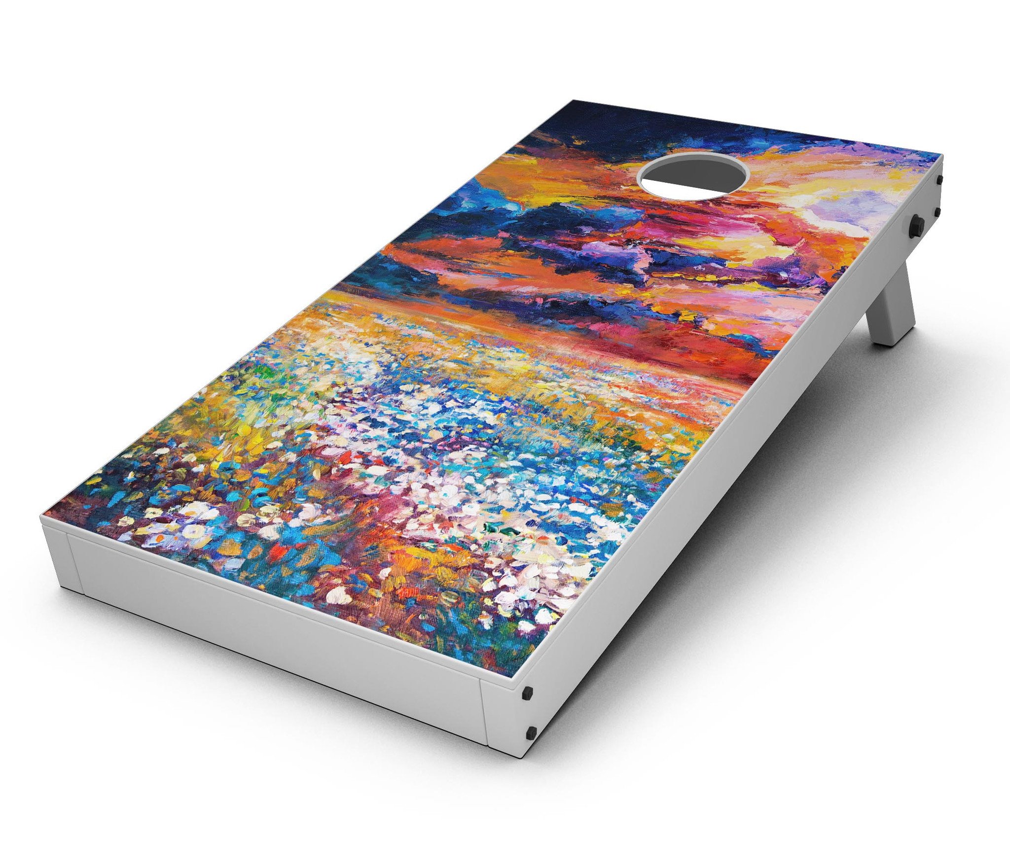 Oil Painted Meadow CornHole Board Skin Decal Kit showcasing vibrant floral design on premium vinyl.