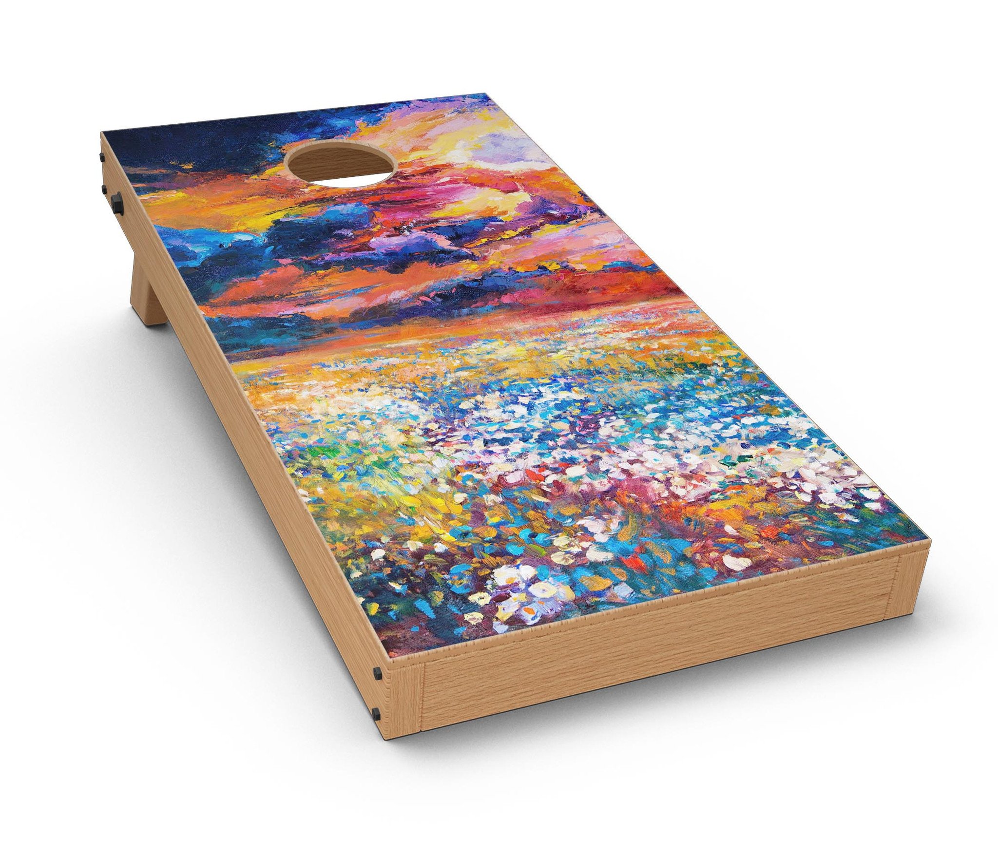 Oil Painted Meadow CornHole Board Skin Decal Kit showcasing vibrant floral design on premium vinyl.