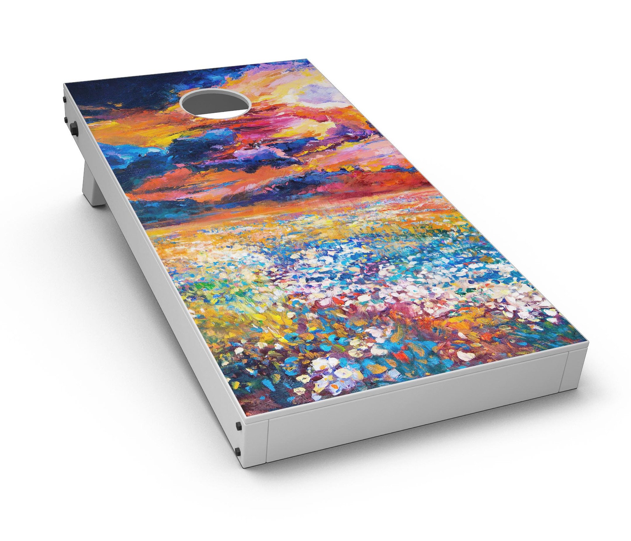 Oil Painted Meadow CornHole Board Skin Decal Kit showcasing vibrant floral design on premium vinyl.