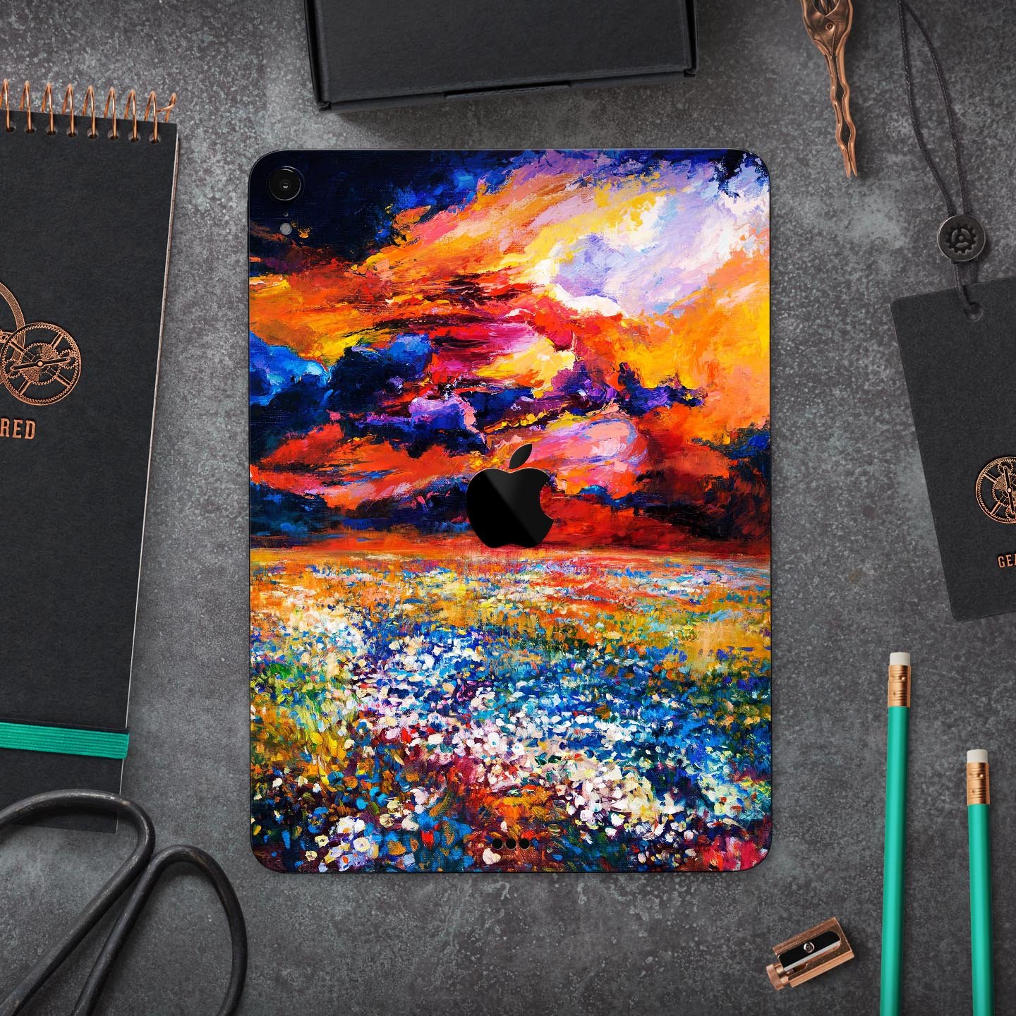 Oil Painted Meadow skin decal for Apple iPad Pro, showcasing vibrant colors and artistic design.