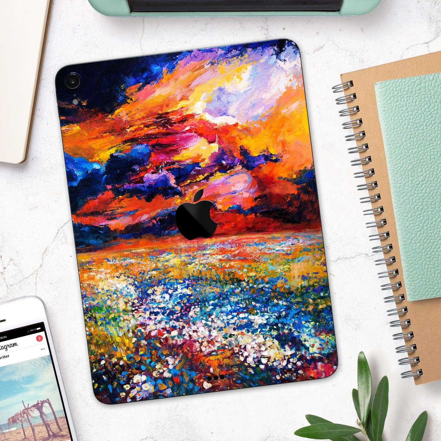 Oil Painted Meadow skin decal for Apple iPad Pro, showcasing vibrant colors and artistic design.