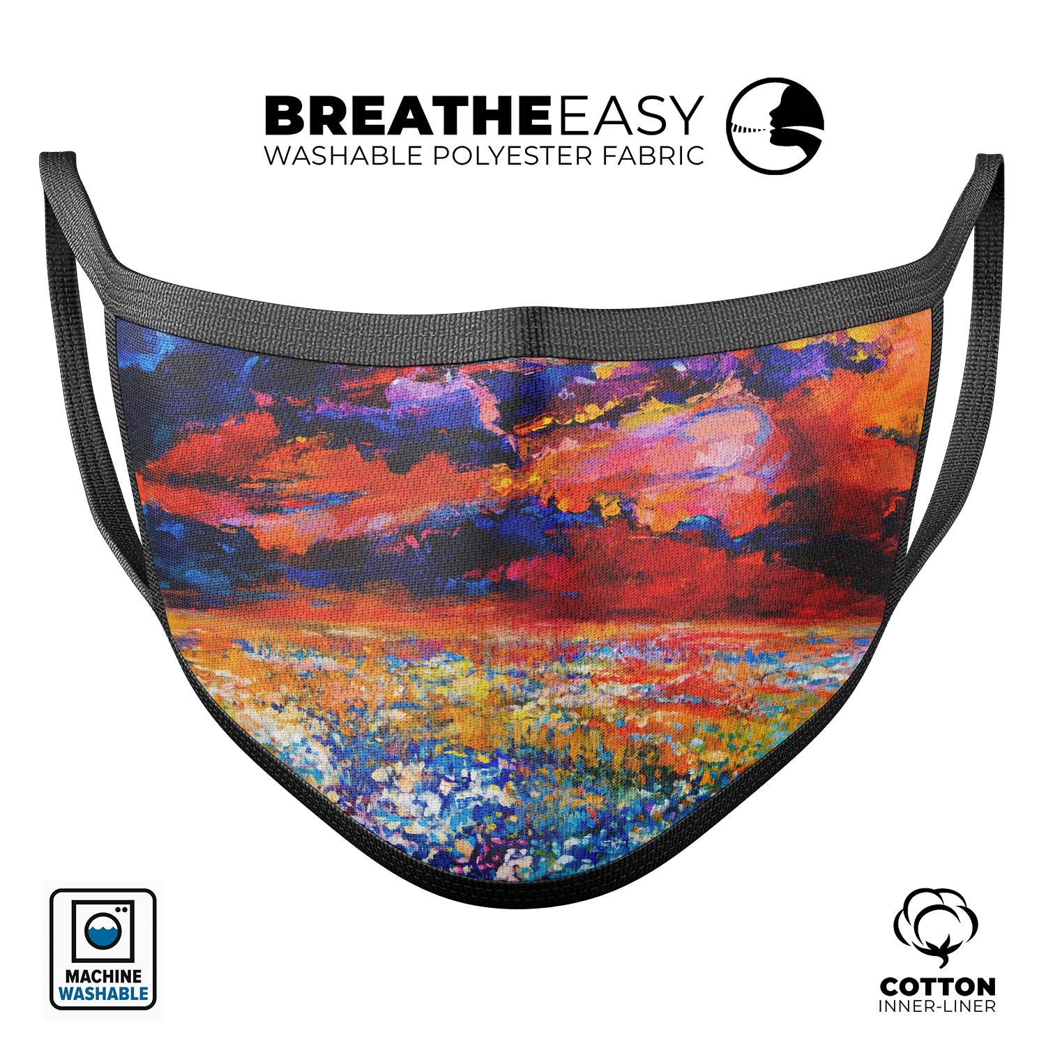 Oil Painted Meadow mouth cover, unisex anti-dust cotton mask with vibrant design, adjustable ear loops, made in the USA.